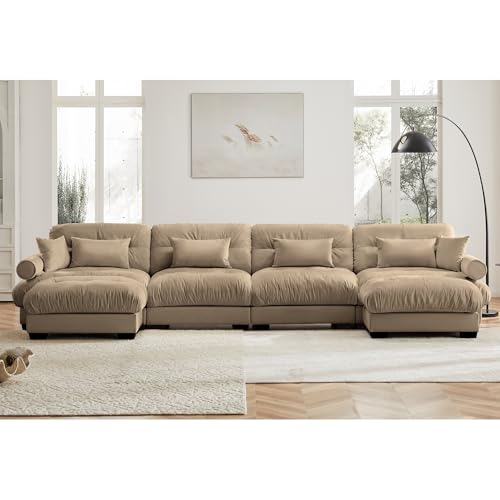 130" Modular Sectional Sofa with Movable Ottoman, Velvet Upholstered, Green Y4976