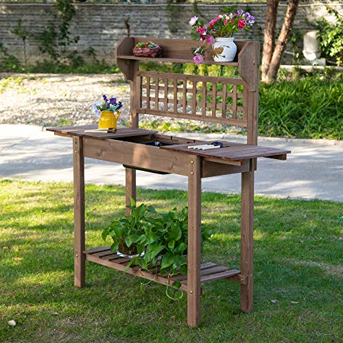 Outsunny Wooden Potting Bench Table with Sliding Tabletop and Storage Shelf M52235