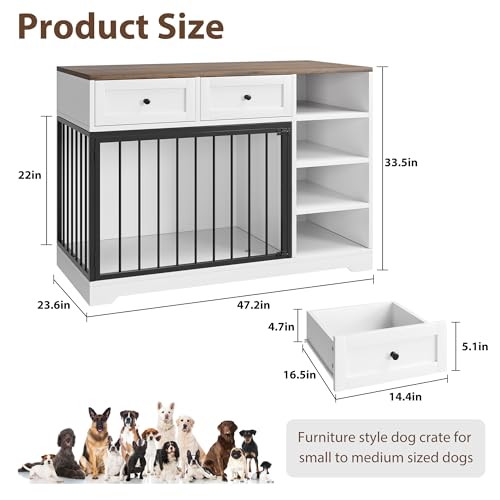 IDEALHOUSE 47" Large Dog Crate Furniture with 2 Drawers, Wooden Kennel for Medium Large Dogs, Black W8906