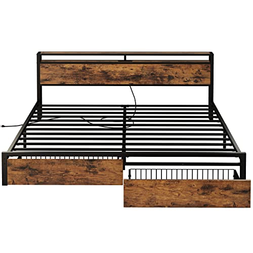 LIKIMIO King Bed Frame with Storage Headboard and Charging Station, Vintage Brown X317