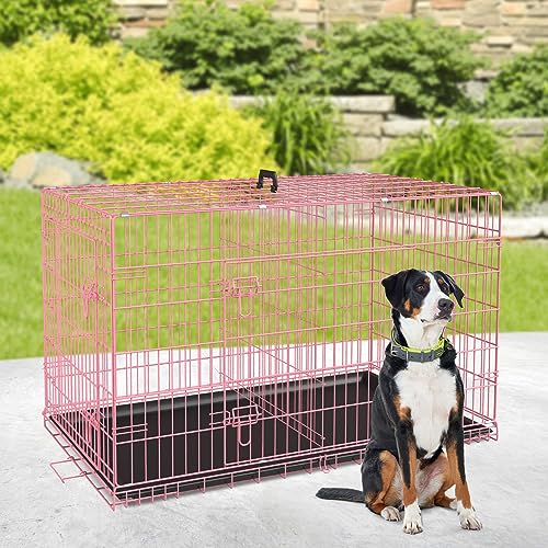 BestPet 42 Inch Folding Metal Wire Dog Crate with Double-Door and Removable Tray O49217