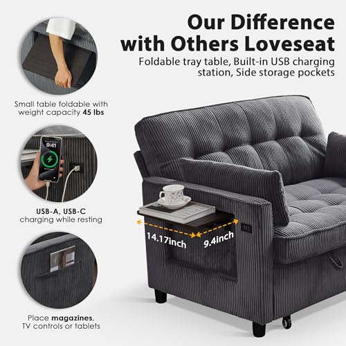 Corduroy Sleeper Sofa Bed with USB Port and Side Pockets, Beige I998