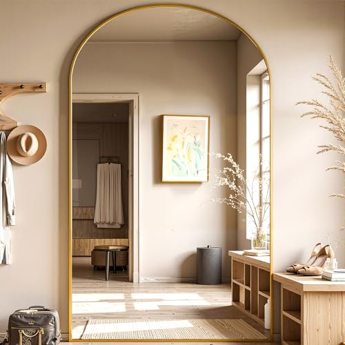 78" Oversized Arched Floor Mirror with Stand, Aluminum Frame, Black N18643