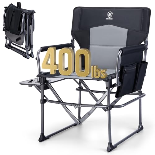 EVER ADVANCED Camping Directors Chair with Side Table, Portable Folding, Heavy Duty, Black T488