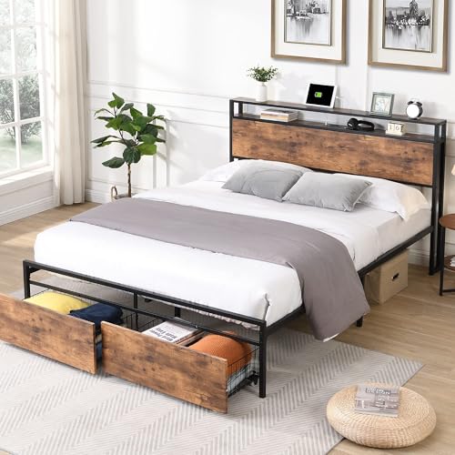 Queen Bed Frame with Headboard & Charging Station, Upholstered, 2 Storage Drawers, White T9445