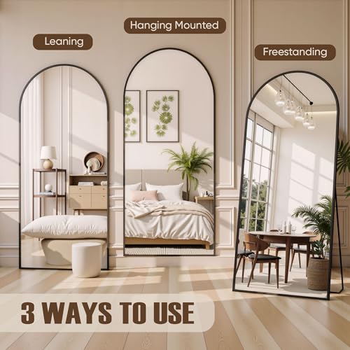 78" Oversized Arched Floor Mirror with Stand, Aluminum Frame, Black N18643
