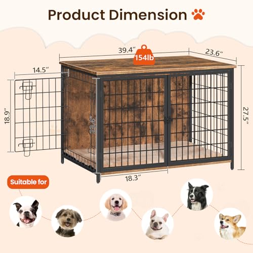 Wooden Dog Crate Furniture with Cushion, Double Doors, Greige X29262