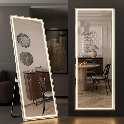 Arched Full Length Mirror with LED Lights, 60"x16" LED Floor Mirror with Stand, Body Floor Mirrors with Dimming & 3 Color Lighting, Wall Mounted LED Mirrors for Bedroom, Dressing Room, Cloakroom