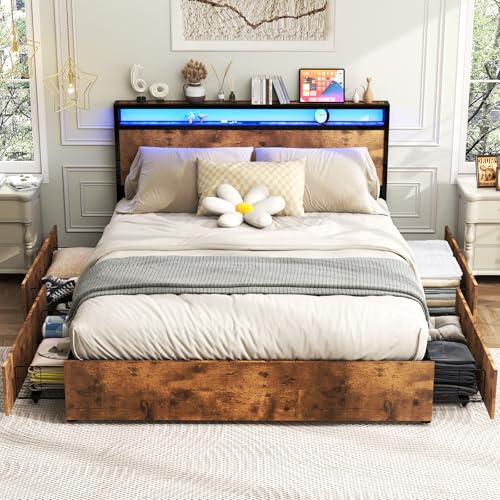 Queen Size Bed Frame with 4 Storage Drawers, LED, Charging Station, Gray L1115