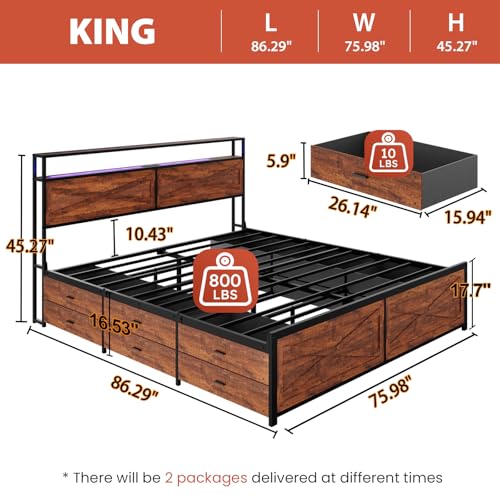Full Size Bed Frame with Headboard, LED Lights, 4 Storage Drawers, Charging Station, Black C93321