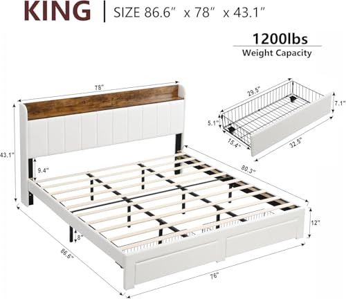 Queen Bed Frame with Headboard & Charging Station, Upholstered, 2 Storage Drawers, White T9445