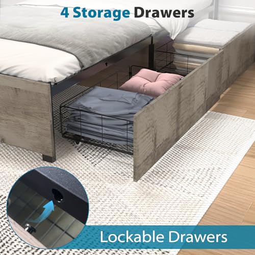 Queen Size Bed Frame with 4 Storage Drawers, LED, Charging Station, Gray L1115