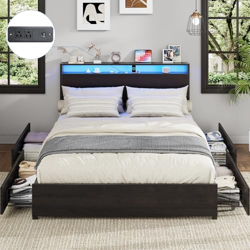 Full Size Bed Frame with Headboard, LED Lights, 4 Storage Drawers, Charging Station, Black C93321