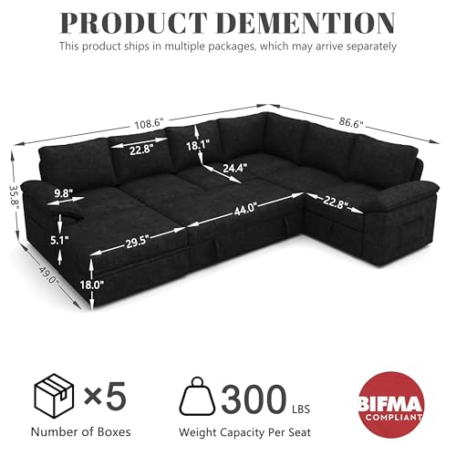 108 Inch U-Shaped Sectional Sleeper Sofa with Pull Out Bed, Dark Grey J60928