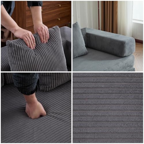 Corduroy Floor Sofa Bed with Backrest, Armrest and 2 Pillows, Dark Gray L776530