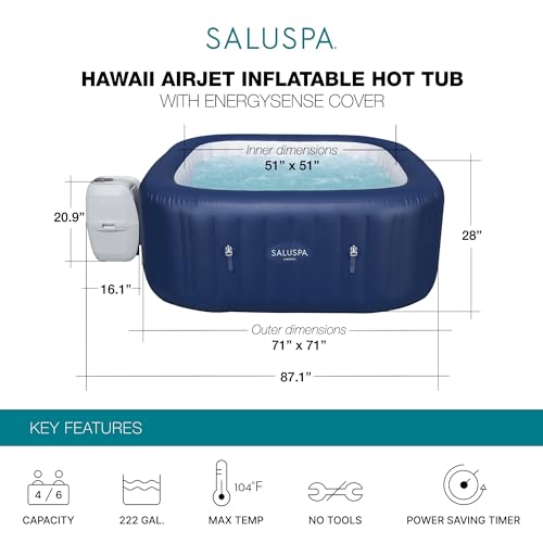 Bestway SaluSpa Hawaii AirJet 4-6 Person Inflatable Hot Tub Square Portable Outdoor Spa with EnergySense Cover N194