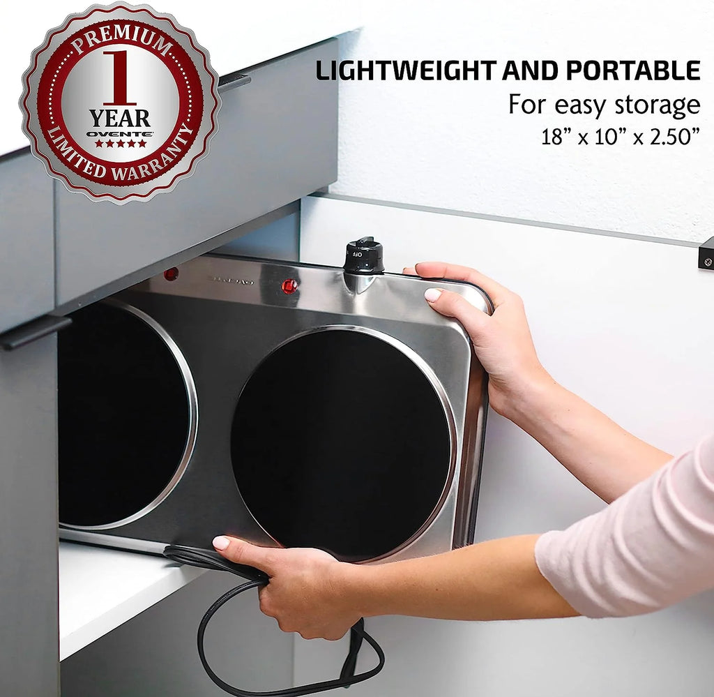 OVENTE Countertop Infrared Double Burner 1500W Electric Hot Plate, Silver V553987