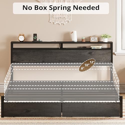 LIKIMIO King Bed Frame with Storage Headboard and Charging Station, Vintage Brown X317