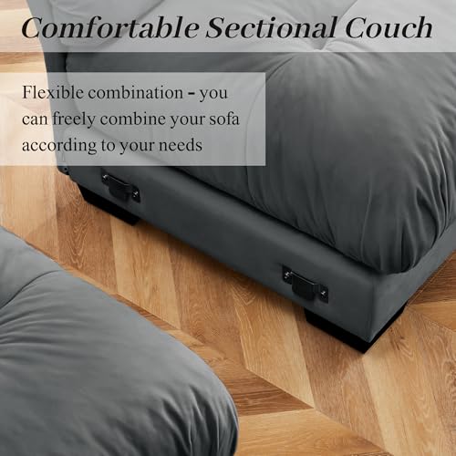 130" Modular Sectional Sofa with Movable Ottoman, Velvet Upholstered, Green Y4976