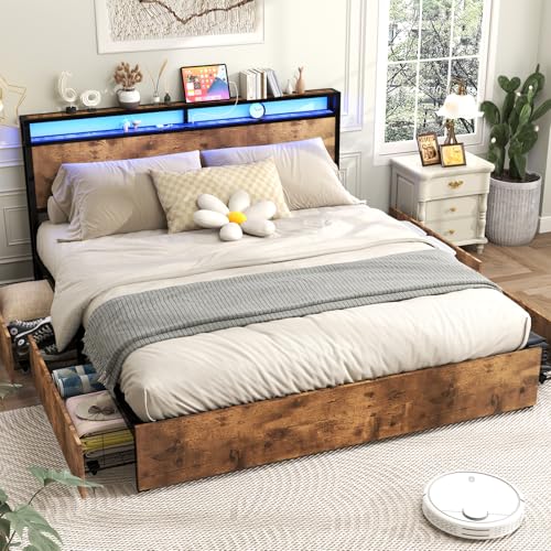 Queen Size Bed Frame with 4 Storage Drawers, LED, Charging Station, Gray L1115