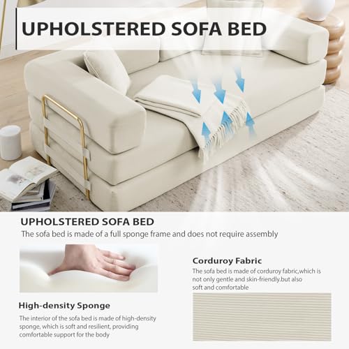 4-in-1 Folding Convertible Sofa Bed, 78 Inch Corduroy Loveseat Sleeper, Beige Y504328