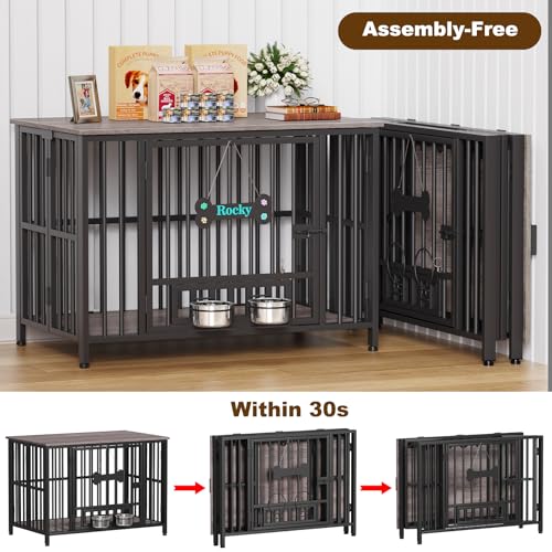 Easycom 41" Foldable Dog Crate Furniture with Adjustable Bowls, Rustic Brown M74490