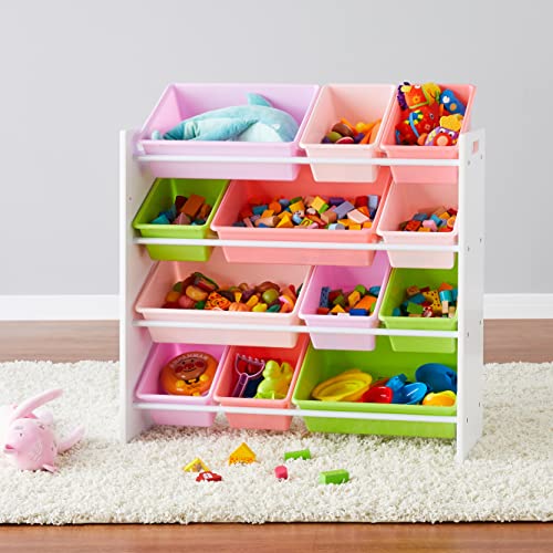 Amazon Basics Kids Toy Storage Organizer with 12 Plastic Bins, White and Pink E133327