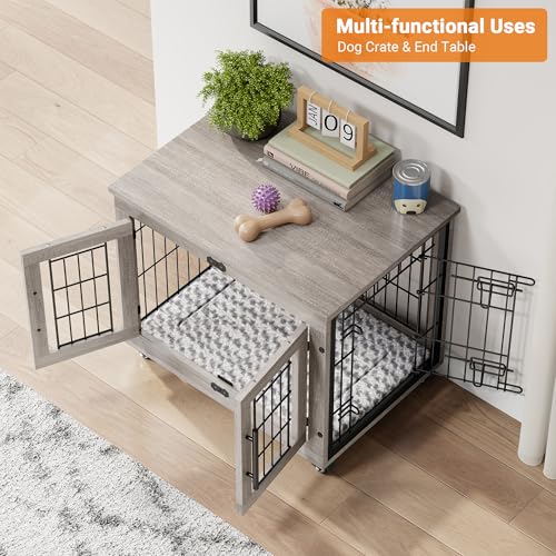 Lulive Dog Crate Furniture for Medium Dogs, 32" Wooden Kennel with Cushion & Wheels, Grey D230281