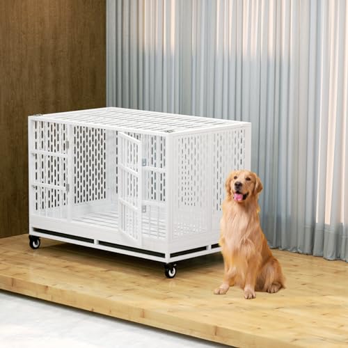 Heavy Duty Dog Crate with Wheels for Large Dogs, Folding Metal Cage with Removable Tray R395