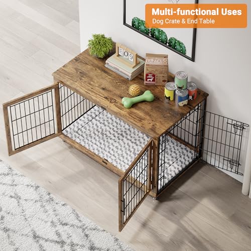 Lulive Dog Crate Furniture for Medium Dogs, 32" Wooden Kennel with Cushion & Wheels, Grey D230281