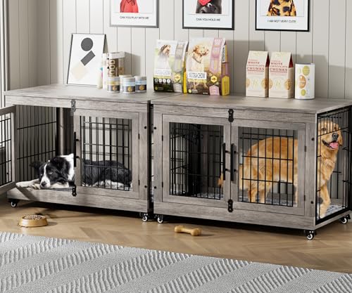 Lulive Dog Crate Furniture for Medium Dogs, 32" Wooden Kennel with Cushion & Wheels, Grey D230281