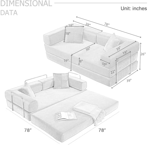4-in-1 Folding Convertible Sofa Bed, 78 Inch Corduroy Loveseat Sleeper, Beige Y504328