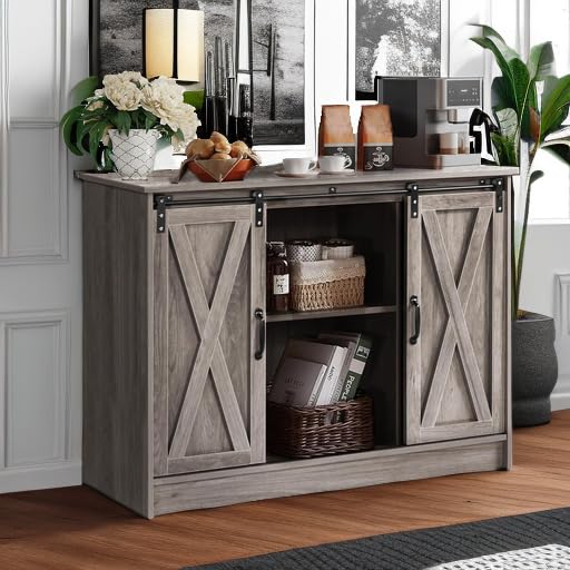 4 EVER WINNER Coffee Bar Cabinet with Sliding Barn Doors, 42" Sideboard Buffet, Espresso O37010
