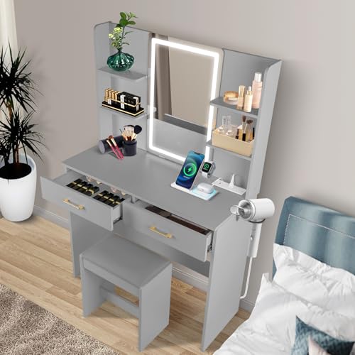 White Vanity Set with Lighted Mirror, Drawers and Stool V52922