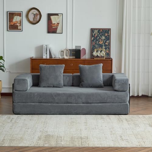 Corduroy Floor Sofa Bed with Backrest, Armrest and 2 Pillows, Dark Gray L776530