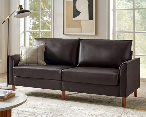 HULALA HOME 78" Faux Leather Sofa with Solid Wood Legs, Mid-Century Modern PVC Leather Couch, Comfy Upholstered 3-Seater Sofa for Living Room Bedroom, Brown