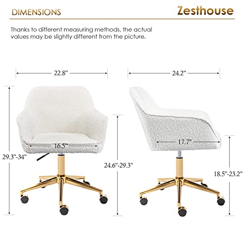 Zesthouse Modern Desk Chair with Wheels, White Swivel Vanity Chair, Boucle Upholstered, Height Adjustable I294