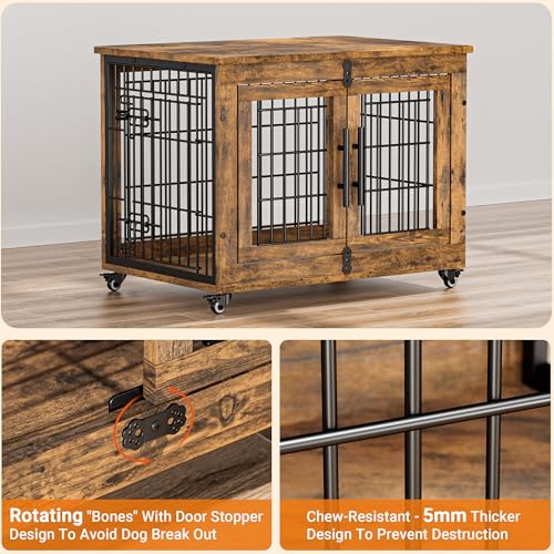 Lulive Dog Crate Furniture for Medium Dogs, 32" Wooden Kennel with Cushion & Wheels, Grey D230281