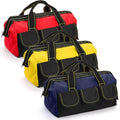 3 Pack 13 Inch Tool Bag, Wide Mouth Tool Tote Bag with Waterproof Base, Heavy Duty Tool Storage Bag Organizer for Various Tools, 5 Pockets, Blue, Yellow, Red