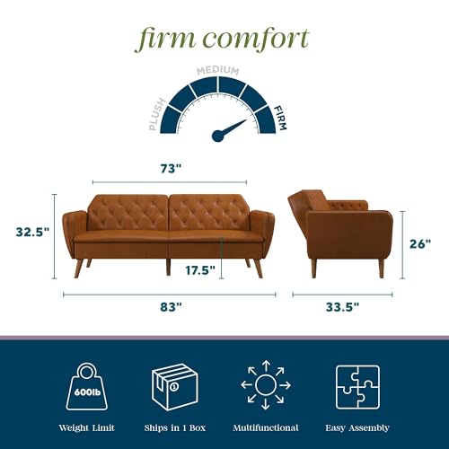 Novogratz Tallulah Memory Foam Futon Convertible Couch, Camel Faux Leather F5939
