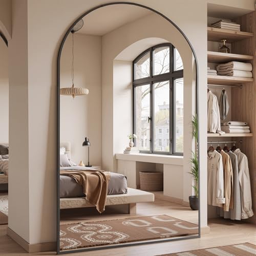 78" Oversized Arched Floor Mirror with Stand, Aluminum Frame, Black N18643