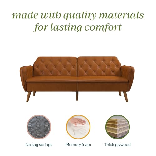 Novogratz Tallulah Memory Foam Futon Convertible Couch, Camel Faux Leather F5939