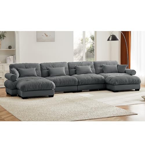 130" Modular Sectional Sofa with Movable Ottoman, Velvet Upholstered, Green Y4976