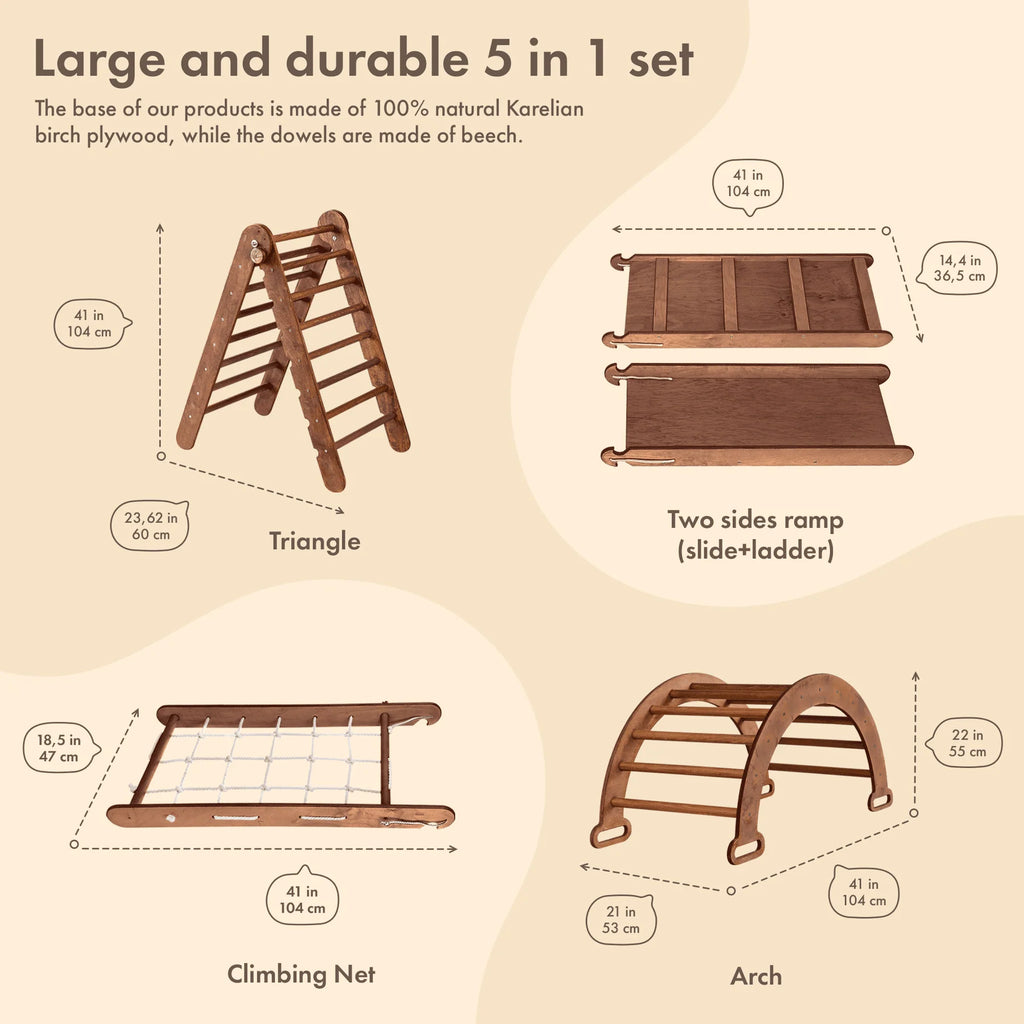 Montessori Wooden Foldable Indoor Playground with Climbing Arch, Slide Board & Spider Net for Kids K504037
