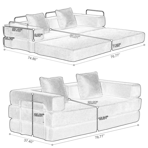 Corduroy Floor Sofa Bed with Backrest, Armrest and 2 Pillows, Dark Gray L776530