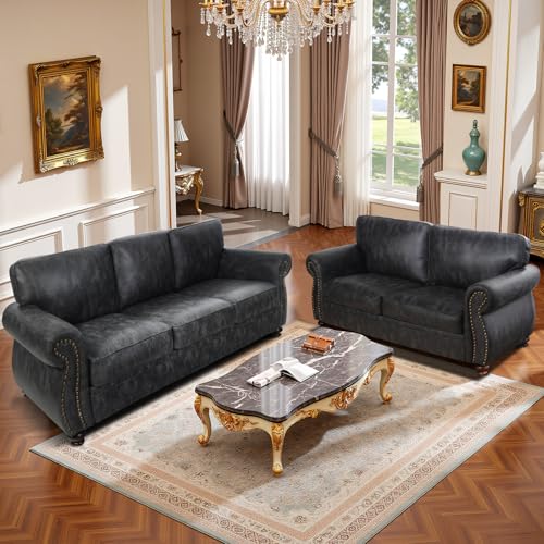 Mid-Century 3-Seater Sofa with Rivet Design, Removable Cover and Solid Wood Frame I150