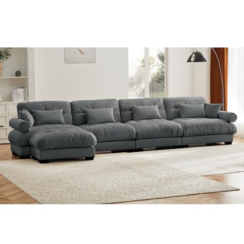 130" Modular Sectional Sofa with Movable Ottoman, Velvet Upholstered, Green Y4976