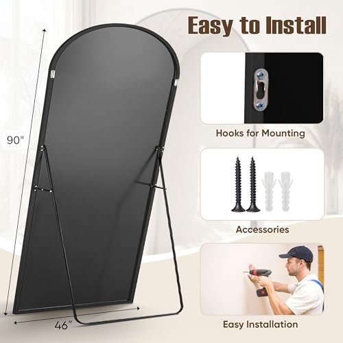 78" Oversized Arched Floor Mirror with Stand, Aluminum Frame, Black N18643