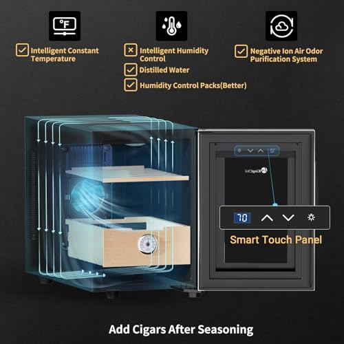 KingChii 16L Electric Cigar Humidor Cabinet with Temperature Control and Spanish Cedar Shelves H300