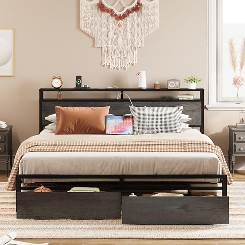 LIKIMIO King Bed Frame with Storage Headboard and Charging Station, Vintage Brown X317